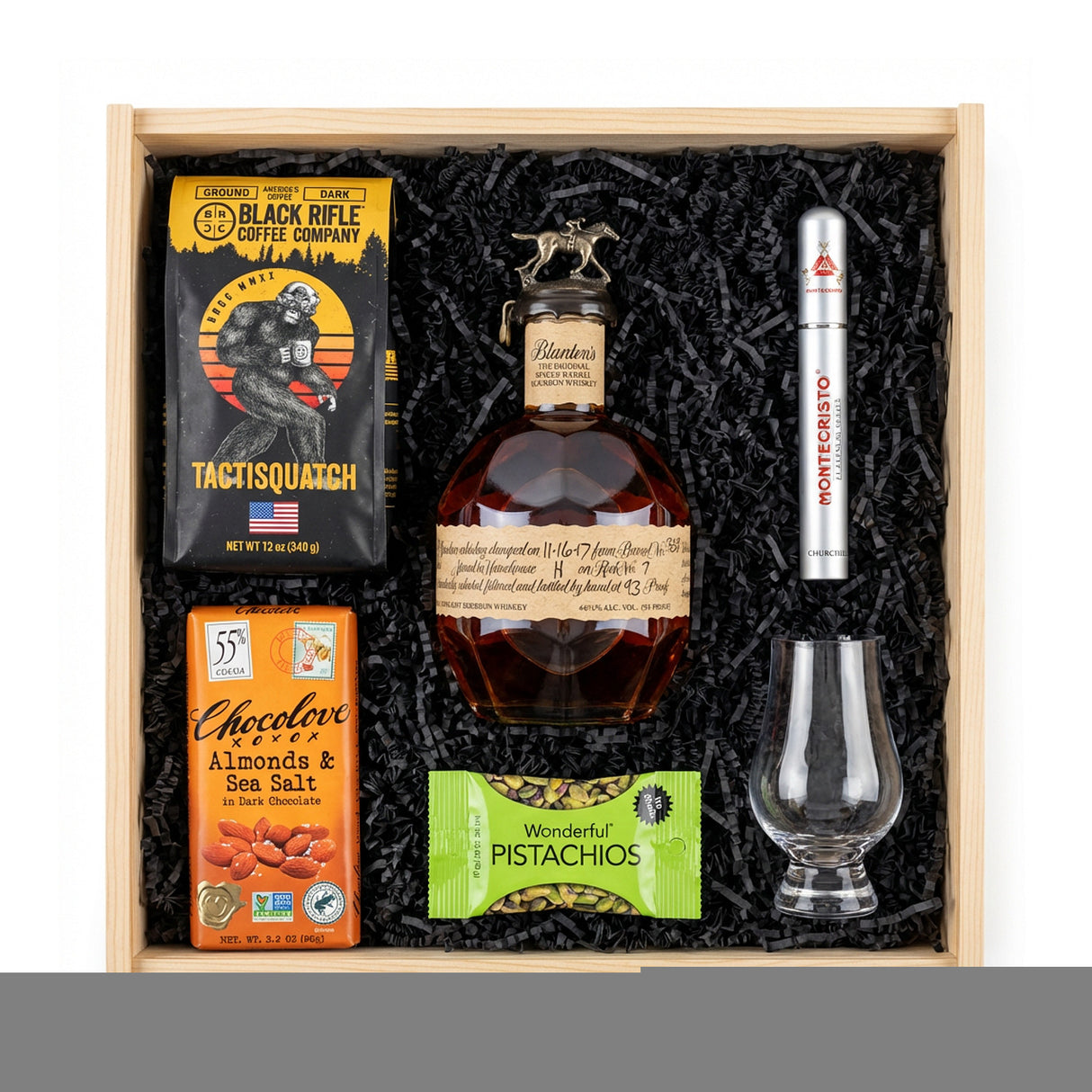 Blanton's Single Barrel Bourbon Gift Crate – Glencairn Glass, Montecristo Cigar & Gourmet Pairings (750ml)