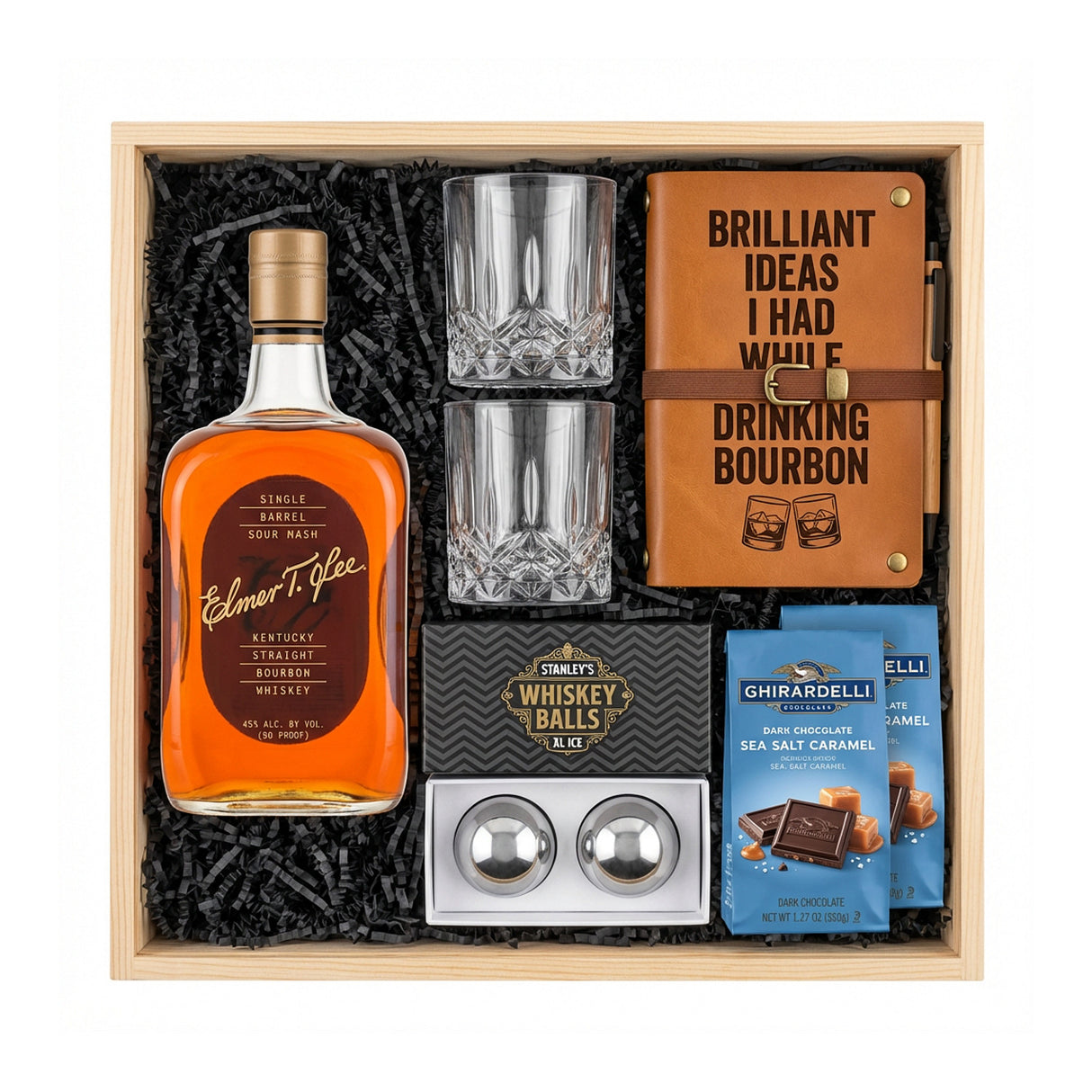 Elmer T. Lee Single Barrel Sour Mash Bourbon Gift Crate – Whiskey, Glasses, Journal & Chocolate