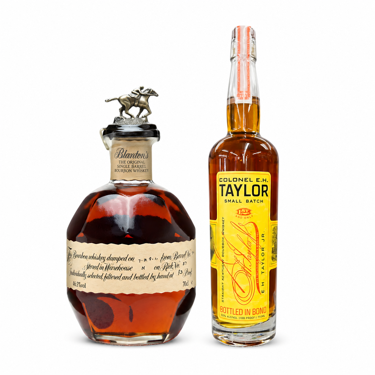 Blanton’s Original and Colonel E.H. Taylor Small Batch bourbon bundle on white background