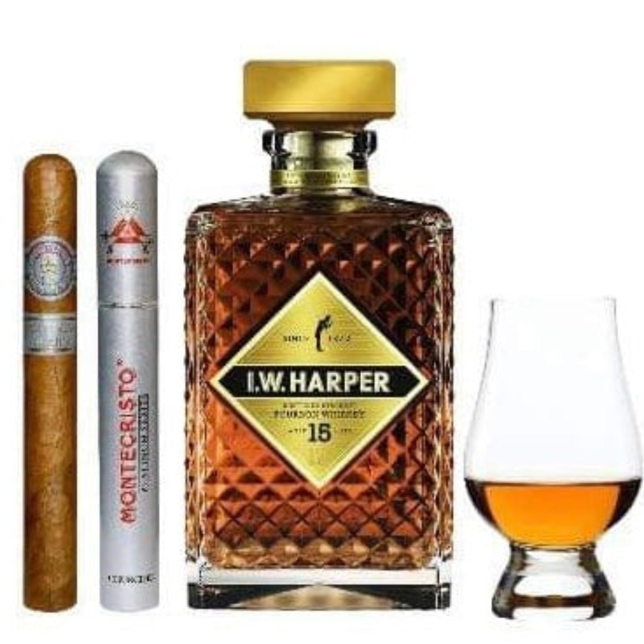 I.W. Harper 15 Year Bourbon Gift Set with Cigar & Glencairn Glass – 750ml