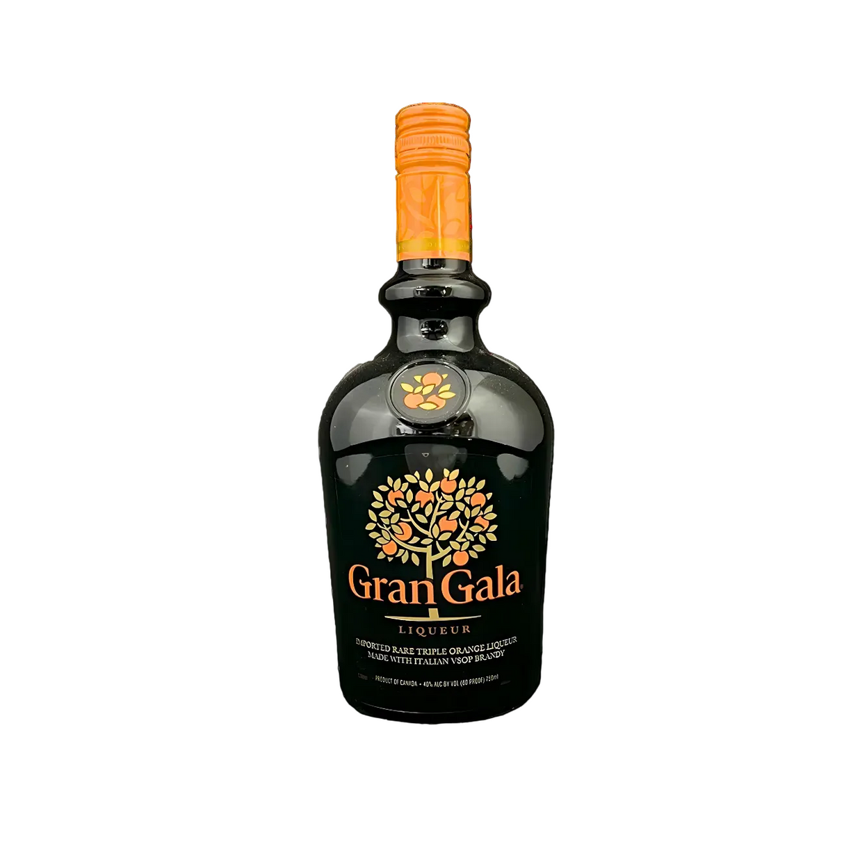 Gran Gala Orange Liqueur 750ml Italian brandy-based liqueur bottle with deep amber glass, orange screw cap and neck wrap, and black label with orange tree artwork and gold lettering against a clean white background