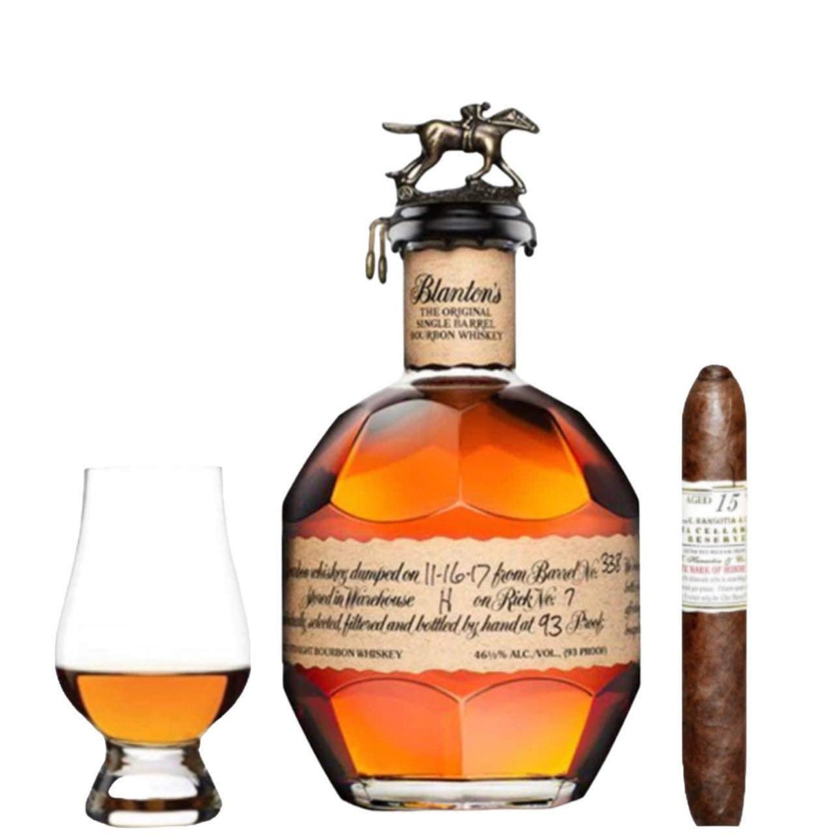 A gift set bundle including a bottle of Blanton's Single Barrel bourbon, a Glencairn tasting glass, and a cigar.