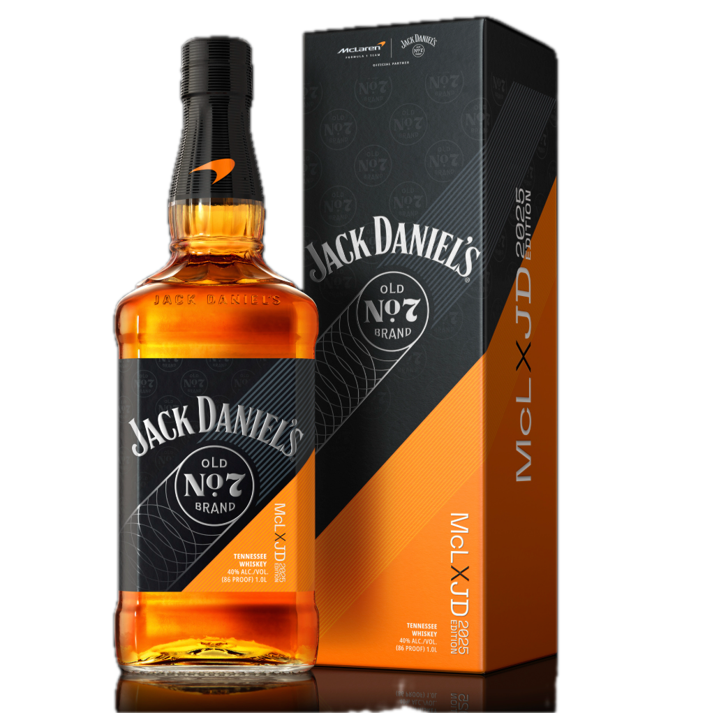 Jack Daniel’s x McLaren Tennessee Whiskey 2025 Edition bottle with collector box on black background