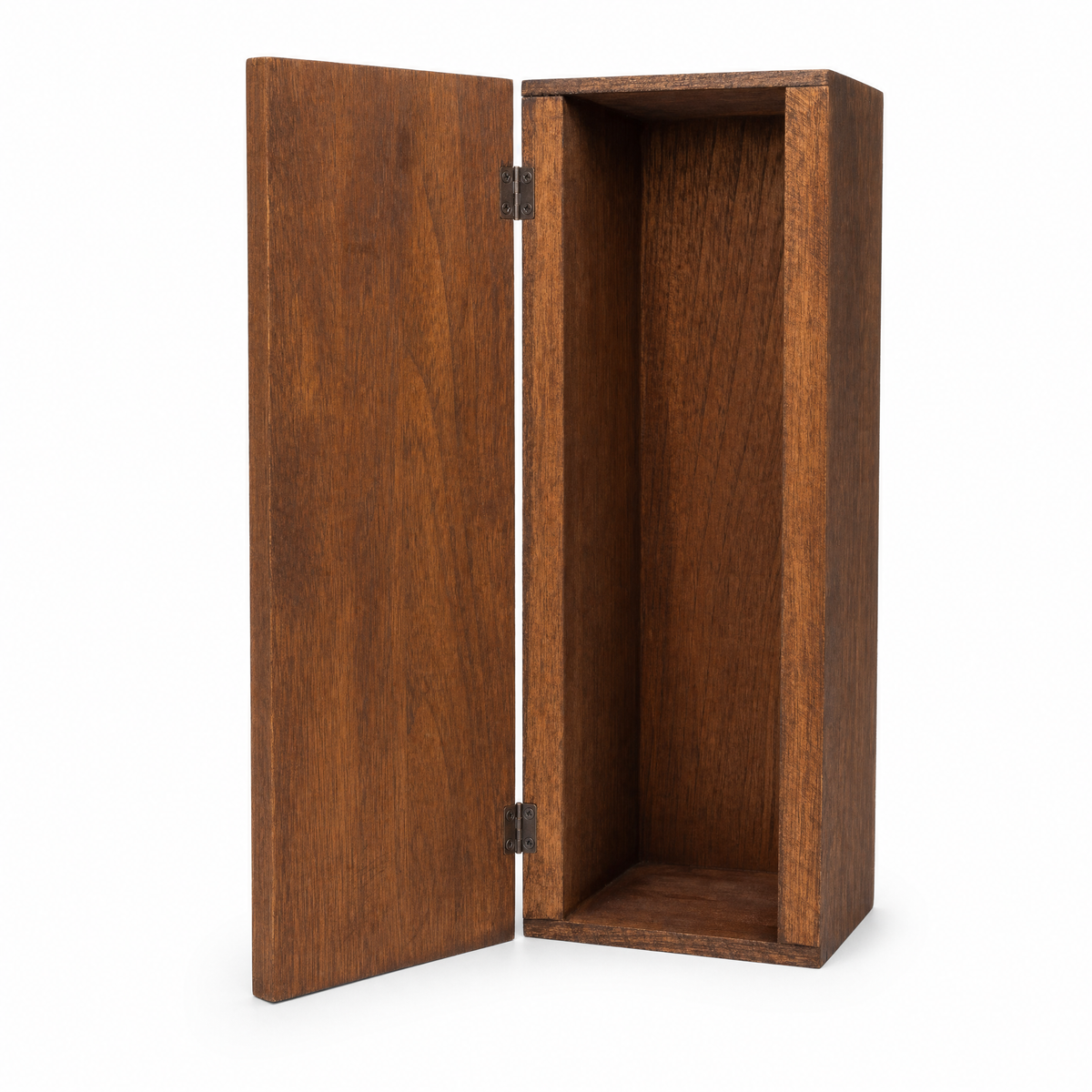 Plain wooden single-bottle gift box with an open hinged door and warm brown wood grain on a white background