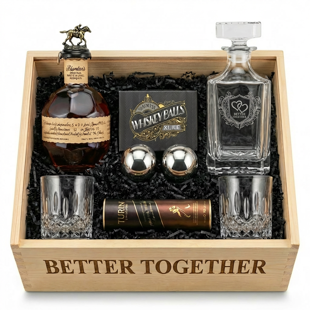 Blanton's Bourbon Date Night gift crate top-down view featuring "BETTER TOGETHER" engraved on front of open wooden crate, Blanton's Original Single Barrel Bourbon 750ml with brass horse stopper, Better Together square crystal decanter with pointed shield crest showing two intertwined hearts, "BETTER TOGETHER" italic text, and elaborate baroque acanthus leaf scrollwork flourishes, two XXL 55mm polished chrome stainless steel whiskey balls, two old-fashioned crystal glasses, and Turin chocolates.