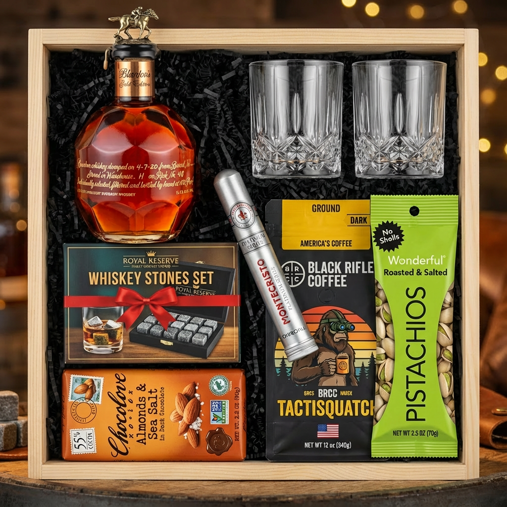Blanton's Gold Edition Single Barrel Bourbon 700ml gift crate with gold horse stopper, crystal-cut old fashioned glasses, Royal Reserve whiskey stones set, Montecristo Platinum cigar, Black Rifle Coffee, Chocolove chocolate, and Wonderful Pistachios on rustic aged oak surface with warm amber bourbon bar lighting and moody bokeh