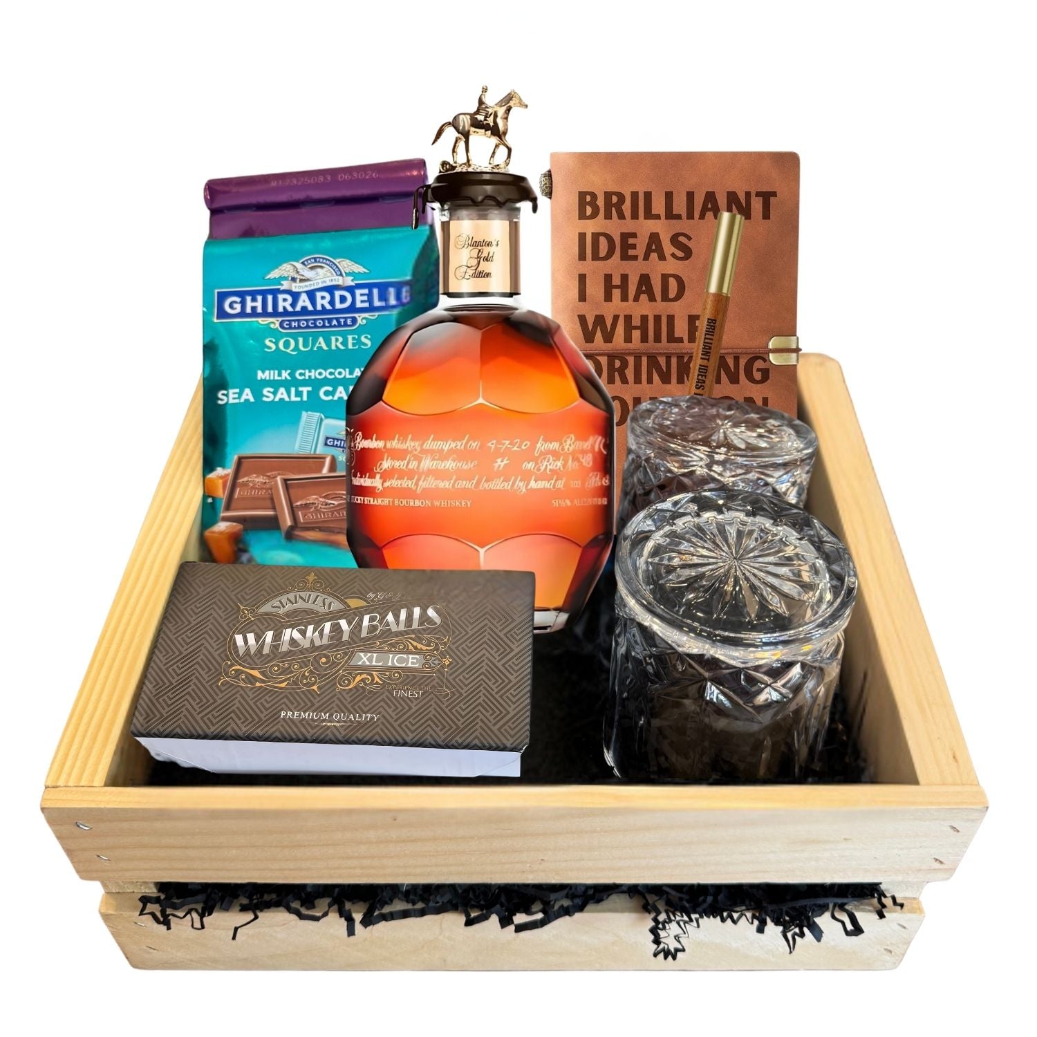 Engravable Blanton’s Gold Edition Single Barrel Bourbon Gift Crate on white background – includes bourbon, glasses, chocolate, and journal – refined bourbon gift from Top Bourbon