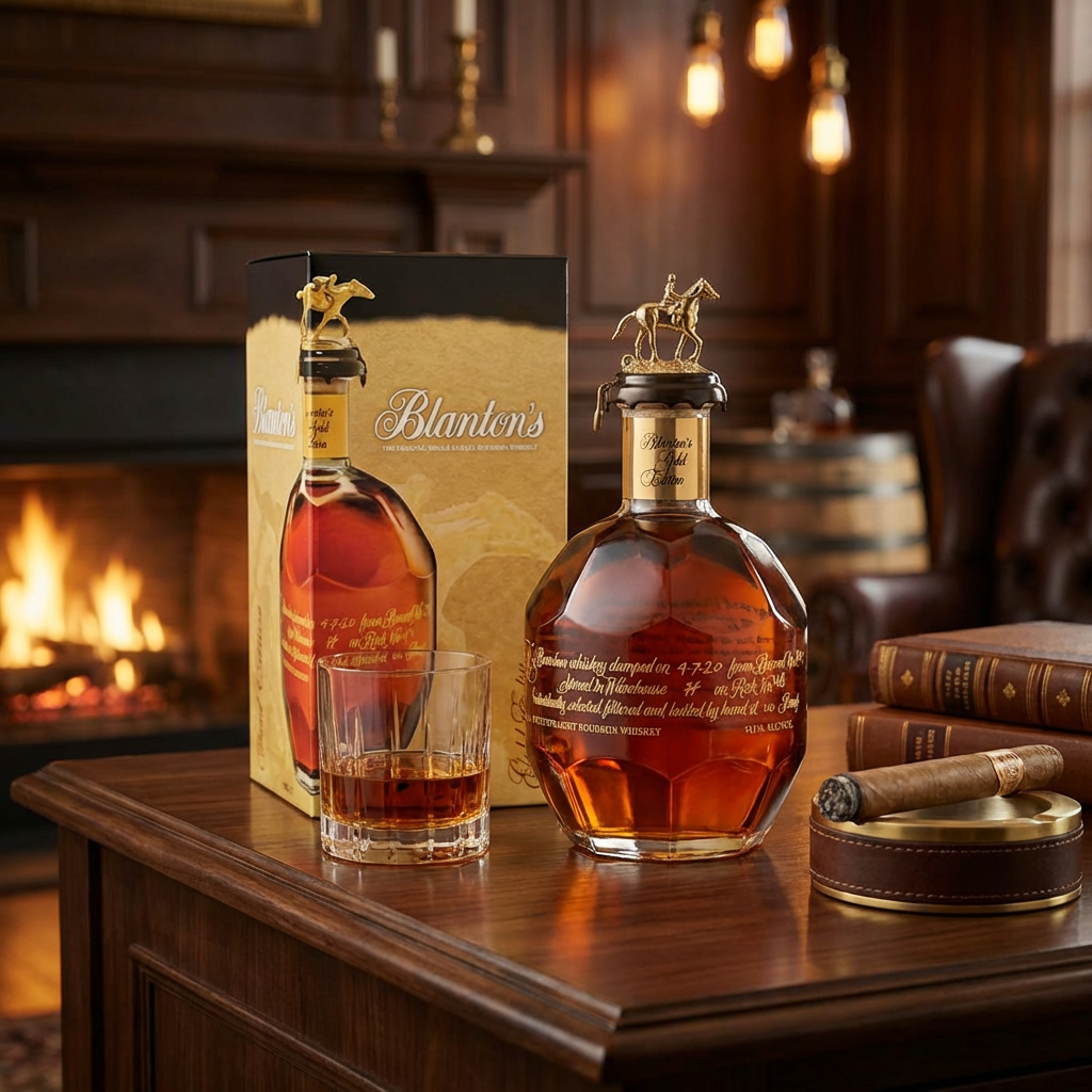 Blanton's Gold Edition Single Barrel Kentucky Straight Bourbon Whiskey lifestyle scene featuring distinctive faceted bottle with gold horse and jockey stopper and gold presentation gift box displayed with crystal bourbon glass on rich dark wood surface in luxurious bourbon den setting with warm ambient lighting.