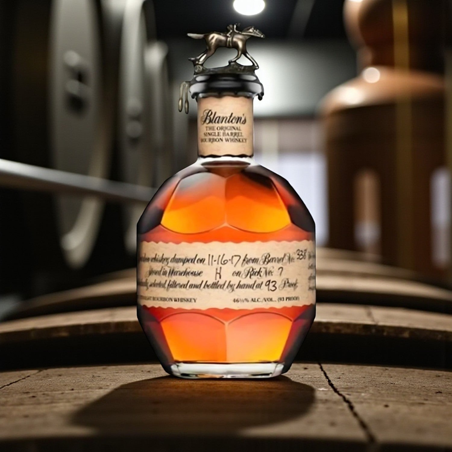 Engravable Blanton’s Original Single Barrel Bourbon 750ml gift bottle with wood background – Top Bourbon lifestyle image