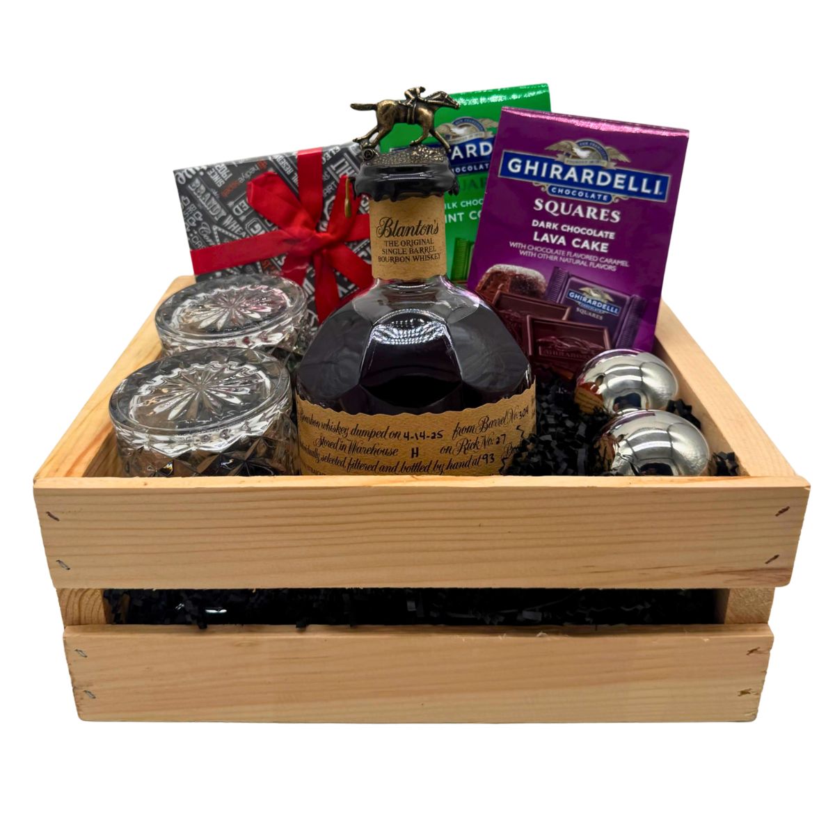 Blanton’s Original Single Barrel Engravable Wooden Gift Crate – Bourbon, Old-Fashioned Glasses & Whiskey Stones