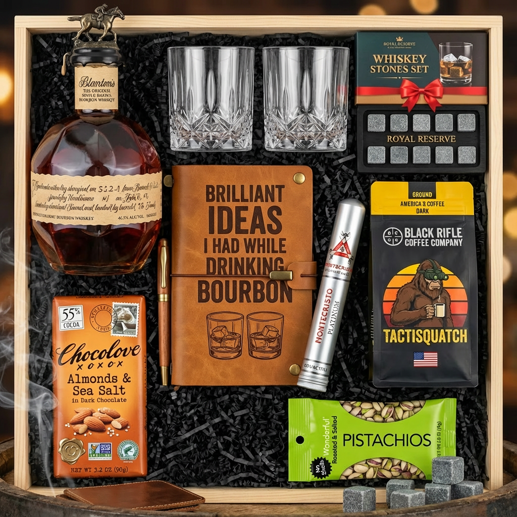 Blanton's Original Single Barrel Bourbon Top Shelf gift crate with bronze horse stopper, crystal-cut old fashioned glasses, Royal Reserve whiskey stones set, bourbon journal, Montecristo Platinum cigar, Black Rifle Coffee, Chocolove chocolate, and Wonderful Pistachios on rustic aged oak surface with warm amber bourbon bar lighting and moody bokeh