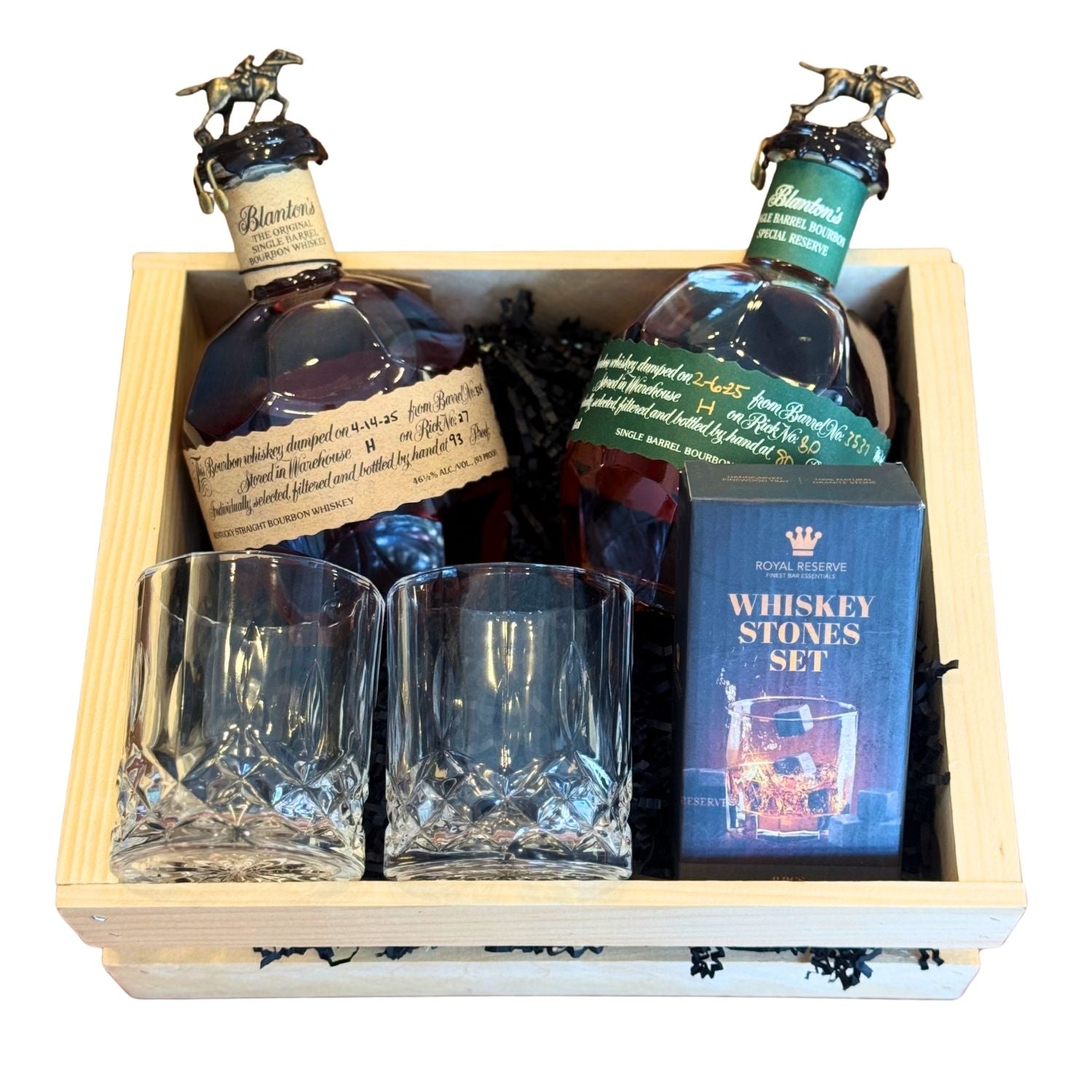 Blanton’s Original and Special Reserve Bourbon Gift Crate with crystal cut glasses and whiskey stones – engravable and gift-ready from Top Bourbon