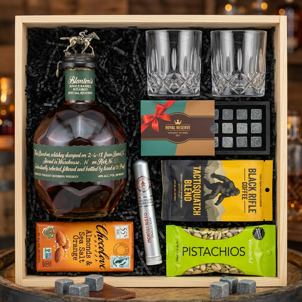 Blanton's Special Reserve Green Label Single Barrel Bourbon 700ml gift crate with bronze horse stopper and green label, crystal-cut old fashioned glasses, Royal Reserve whiskey stones set, Montecristo Platinum cigar, Black Rifle Coffee, Chocolove chocolate, and Wonderful Pistachios on rustic aged oak surface with warm amber bourbon bar lighting and moody bokeh