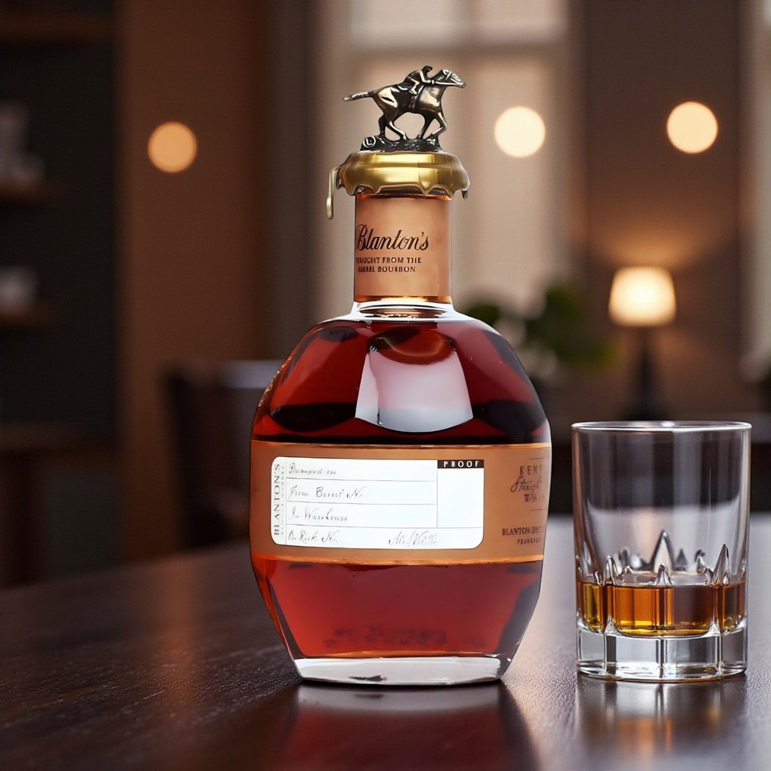 Engravable Blanton’s Straight From The Barrel Single Barrel Bourbon 700ml bottle beside glass of bourbon on wooden table – Top Bourbon lifestyle image