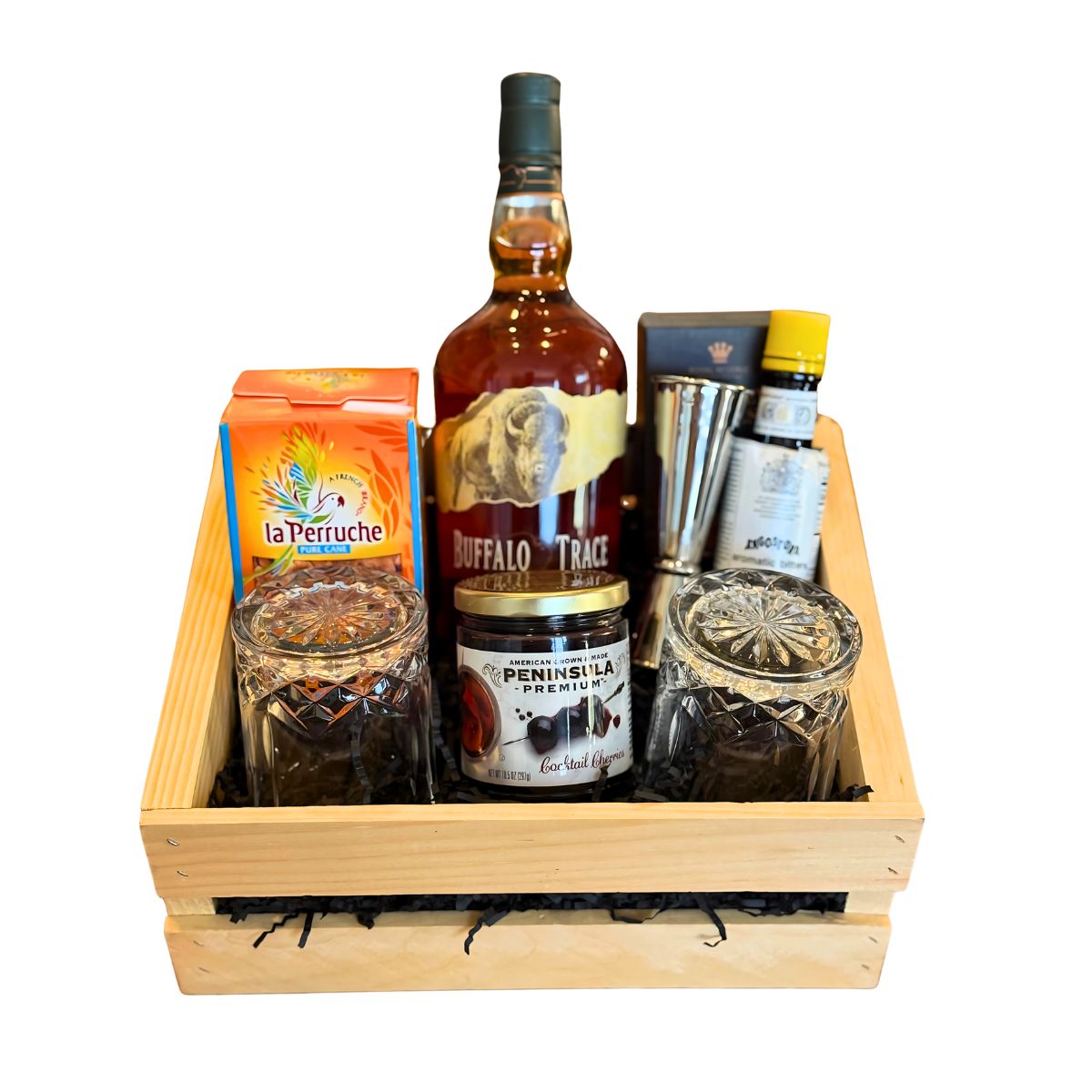 Buffalo Trace Old-Fashioned Wooden Gift Crate – Bourbon, Glasses, Bitters & Bar Tools