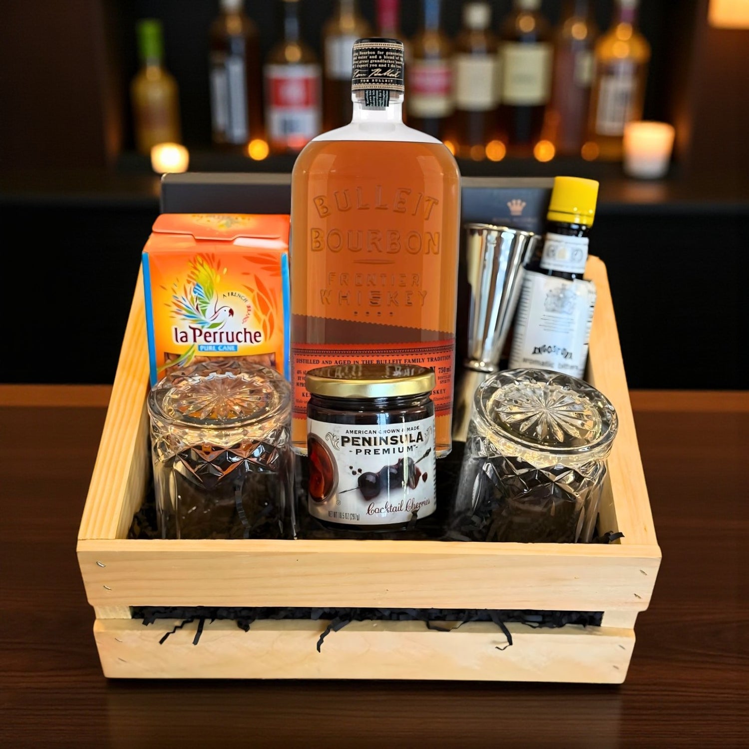 Bulleit Bourbon Old Fashioned Gift Crate featuring engravable whiskey bottle and glasses, bar tools, cherries, bitters, and sugar cubes – Top Bourbon lifestyle photo