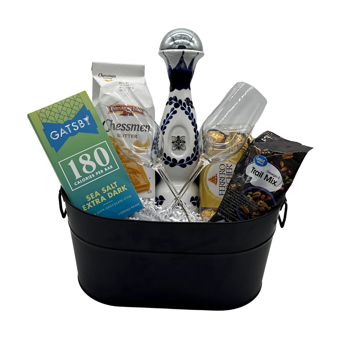 Clase Azul Reposado Tequila Gift Basket – 375ml Bottle with Tequila Flutes, Chocolates & Gourmet Treats