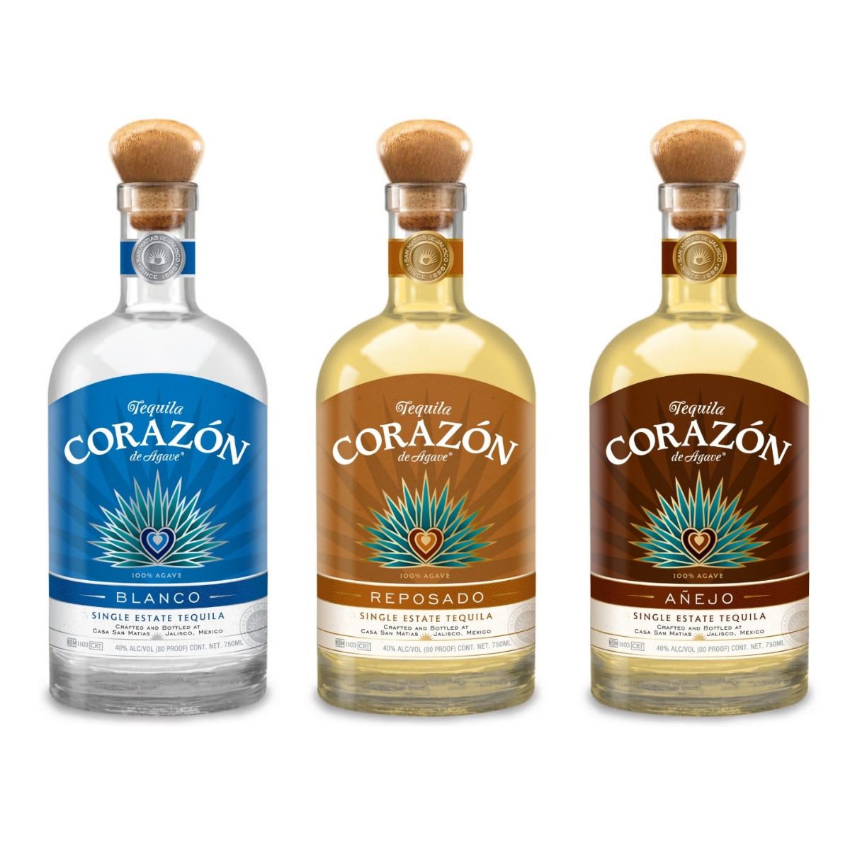 Corazón de Agave Tequila Bundle – Blanco, Reposado & Añejo (3 Bottles, Single Estate 750ml)