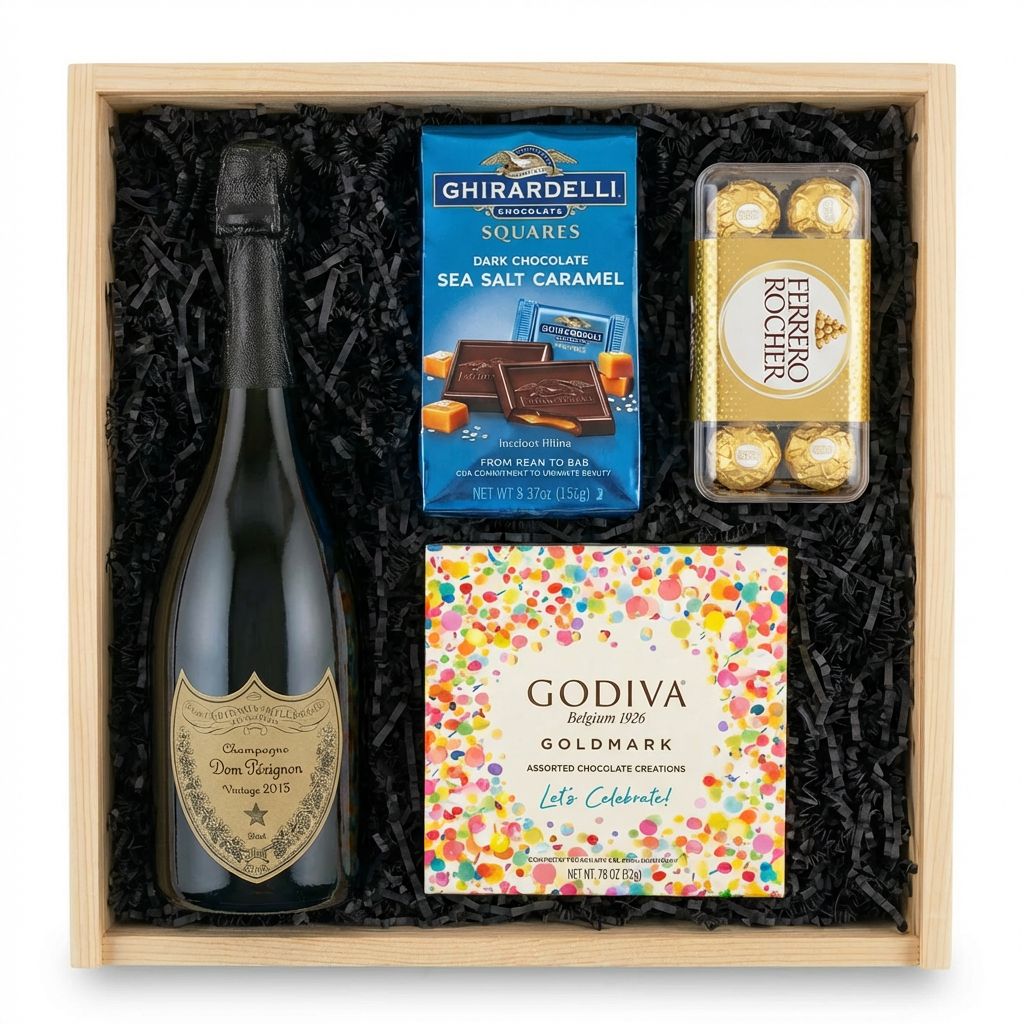 Dom Pérignon vintage Champagne 750ml gift crate with Ghirardelli Sea Salt Caramel Squares, Godiva Let's Celebrate chocolate box, and Ferrero Rocher hazelnut chocolates in natural wood crate with black crinkle fill