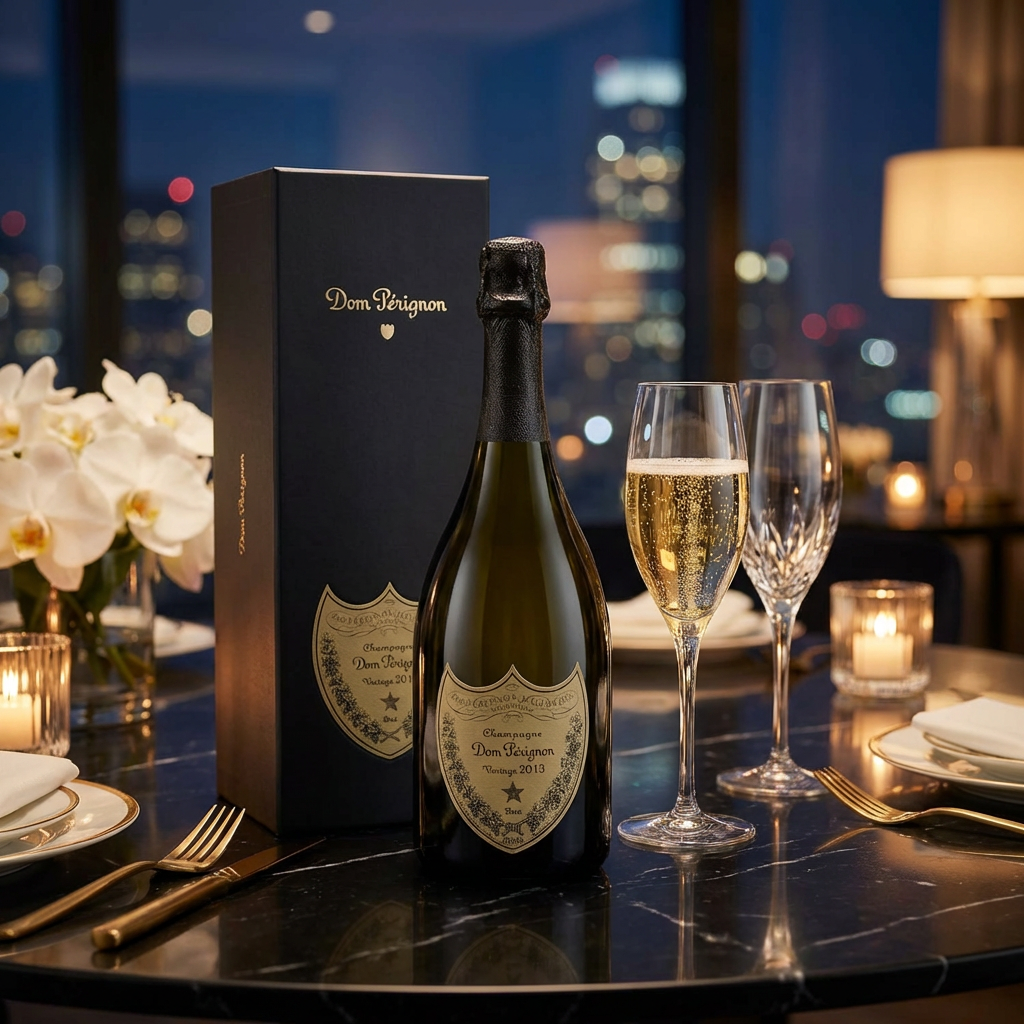 Dom Pérignon Vintage 2015 Champagne bottle with gold shield label and dark navy presentation gift box displayed in ultra-luxurious celebration setting with crystal champagne flutes on dark marble surface with warm ambient lighting and soft bokeh.
