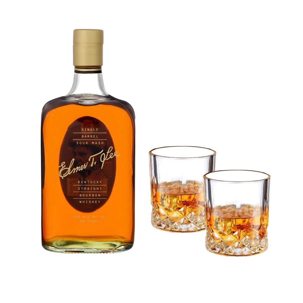 Elmer T. Lee Single Barrel Sour Mash Kentucky Straight Bourbon – 750ml with 2 Old-Fashioned Glasses Gift Set