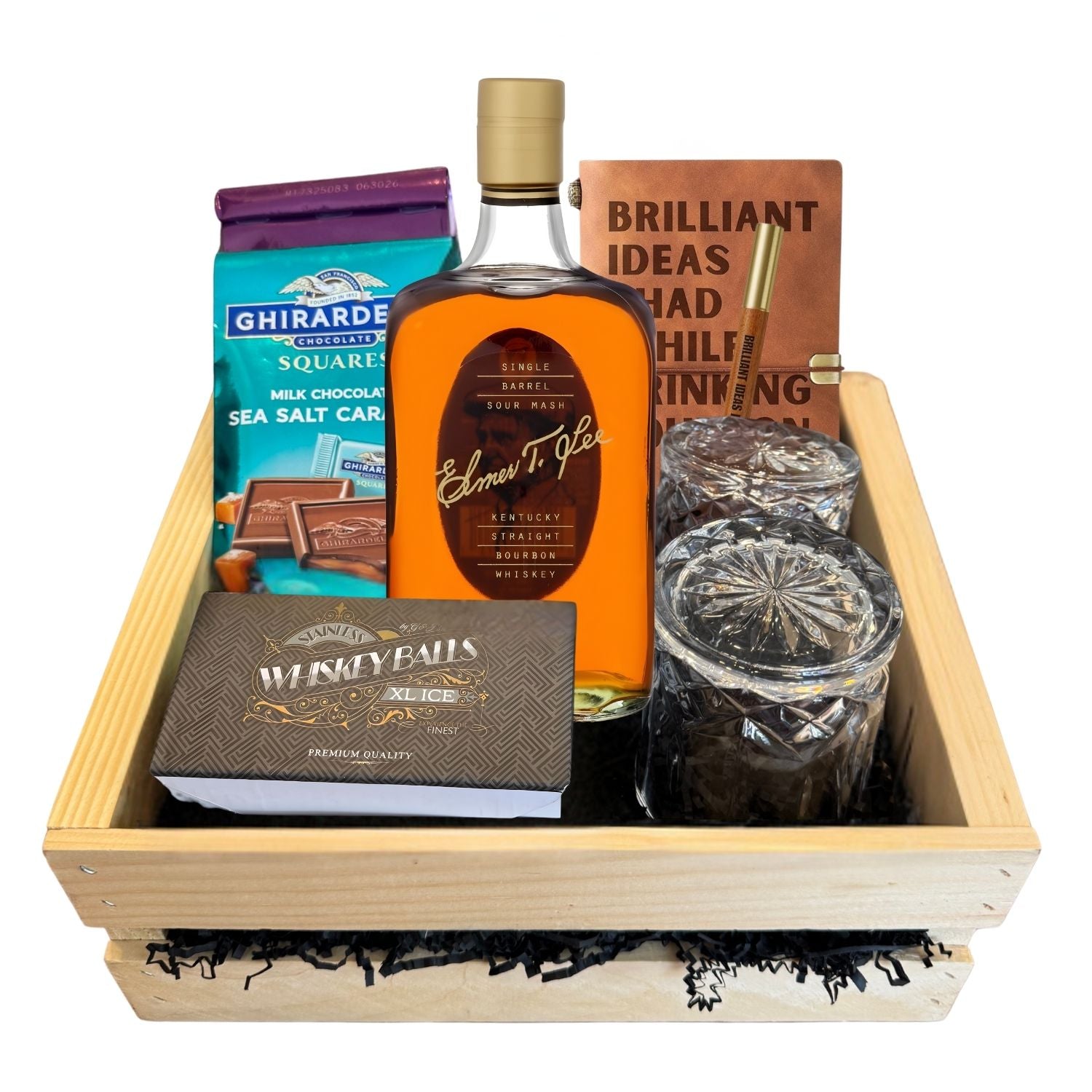 Engravable Elmer T. Lee Single Barrel Bourbon Gift Crate on white background – 750ml bottle with glasses, journal and chocolates – refined bourbon gift from Top Bourbon