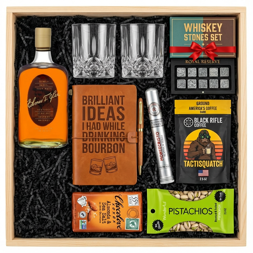 Elmer T. Lee Single Barrel Sour Mash Kentucky Straight Bourbon Whiskey Top Shelf gift crate with gold cap and dark brown oval label, crystal-cut old fashioned glasses, Royal Reserve whiskey stones set with tray, faux-leather bourbon journal and pen set, Montecristo Platinum cigar tube, Black Rifle Coffee Tactisquatch blend, Chocolove Almonds & Sea Salt dark chocolate bar, and Wonderful Pistachios all nestled in black zigzag crinkle paper inside wooden crate on white background