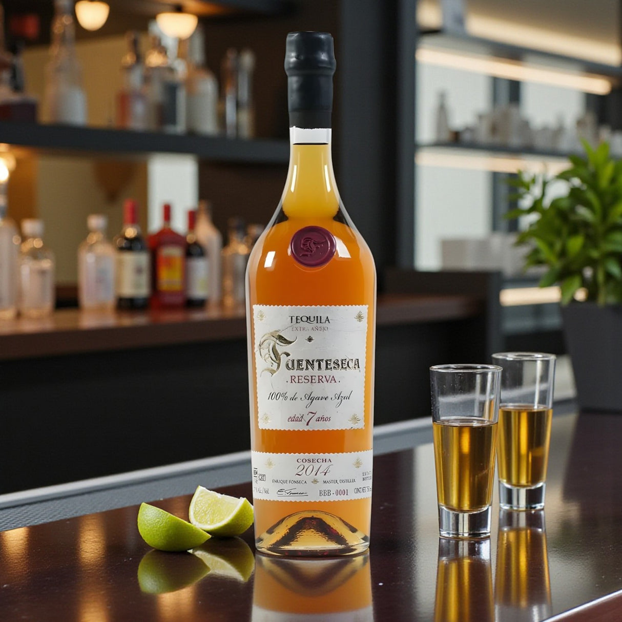 Engravable Fuenteseca Reserva 7 Year Extra Añejo Tequila Limited Release bottle with shot glasses and lime on polished bar – Top Bourbon lifestyle image