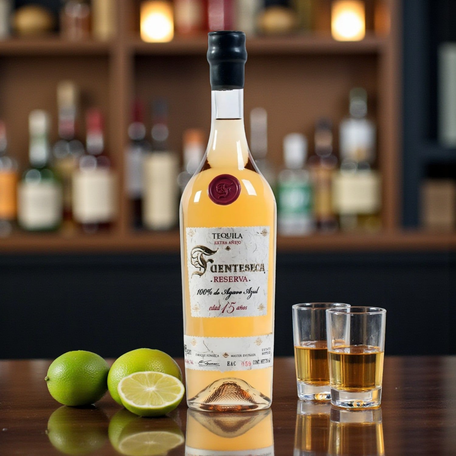 Engraved Fuenteseca Reserva Extra Añejo 15 Year Tequila 750ml bottle with shot glasses and limes on polished bar – Top Bourbon lifestyle image