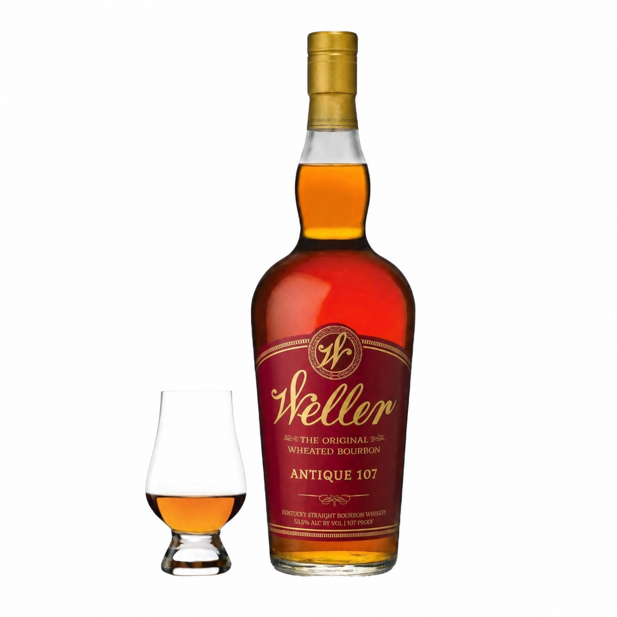 W.L. Weller Antique 107 bourbon bottle with Glencairn glass