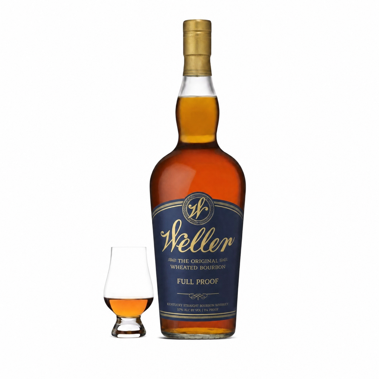 W.L. Weller Full Proof bourbon bottle with Glencairn glass