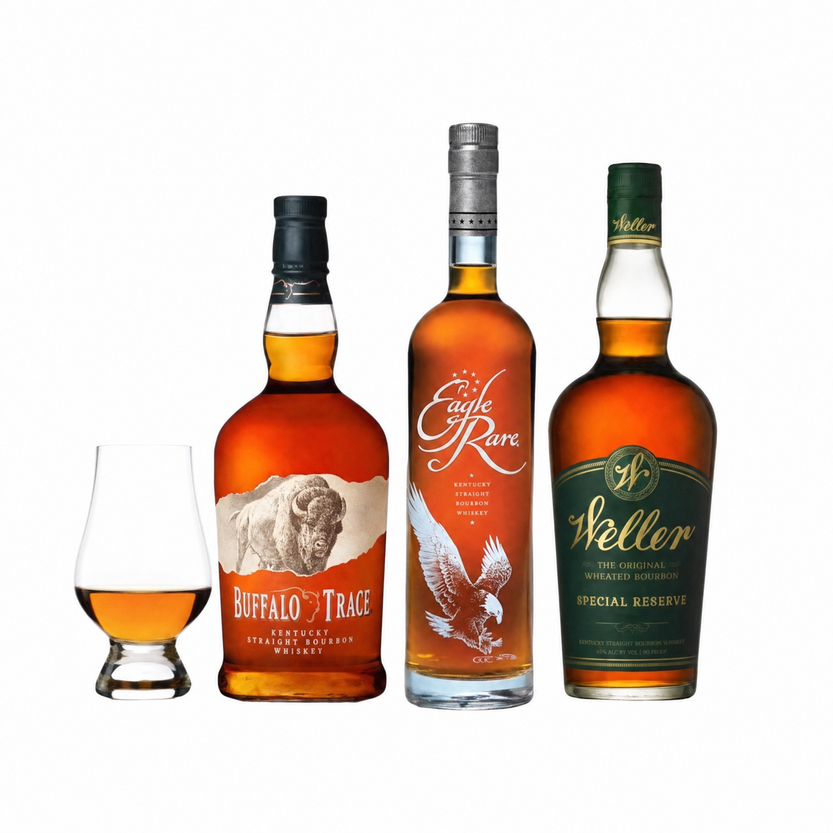 Weller Special Reserve, Eagle Rare, and Buffalo Trace bourbon bottles with Glencairn glass