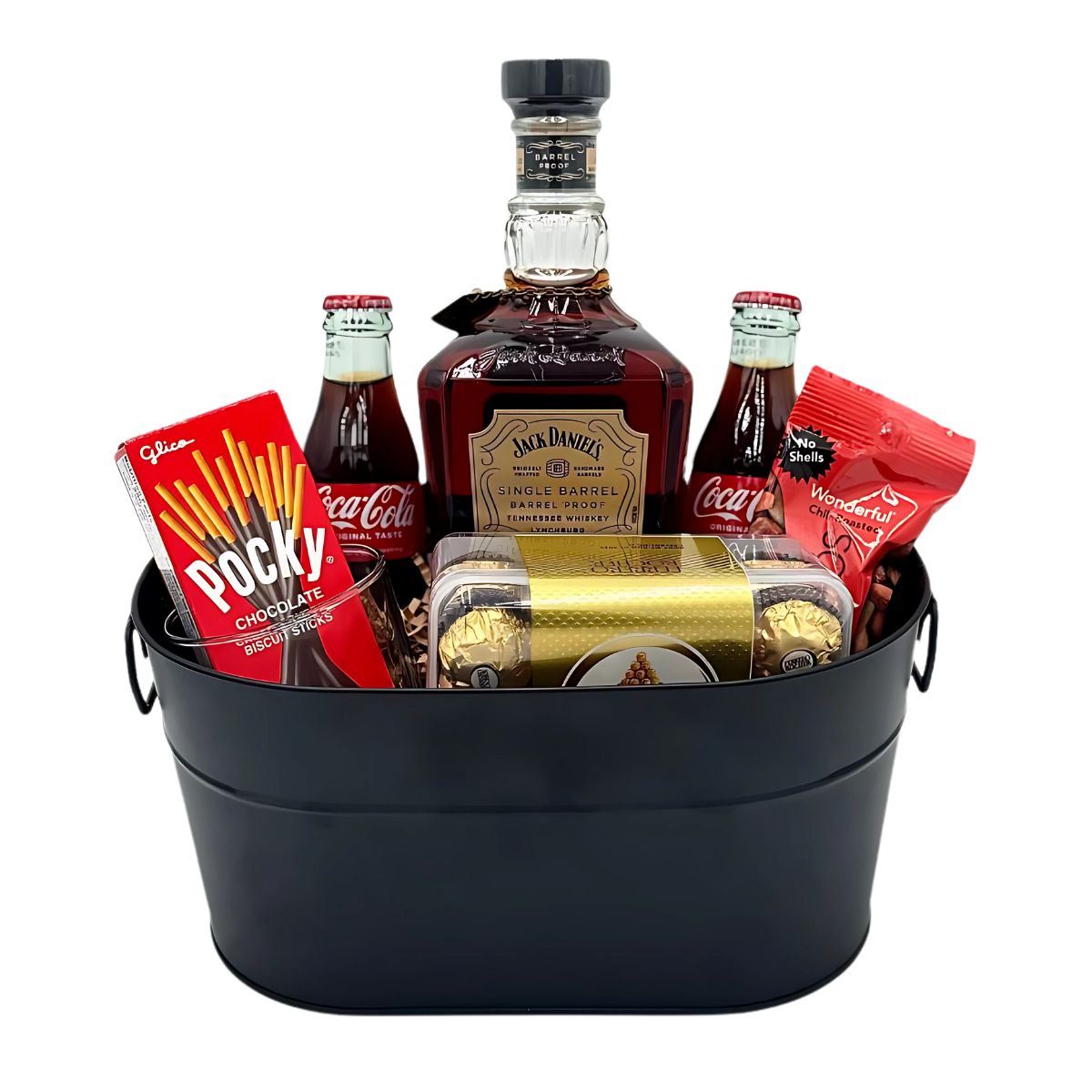 Jack Daniel’s Single Barrel Gift Basket with Coca-Cola Minis, Snacks & Glass