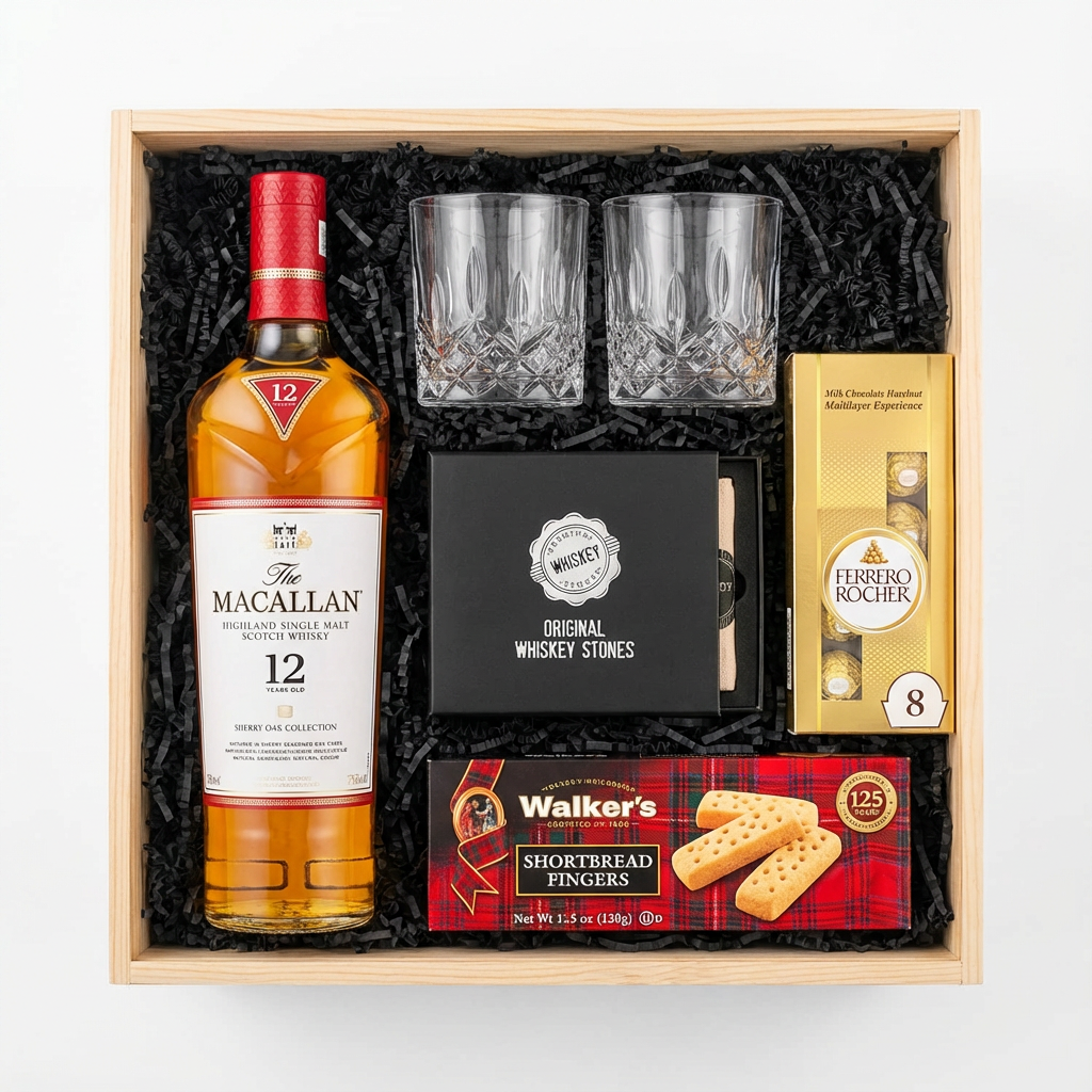The Macallan 12 Year Sherry Oak Single Malt Scotch gift crate, crystal-cut old fashioned glasses, premium whiskey stones gift set, Ferrero Rocher chocolates, and Walker&