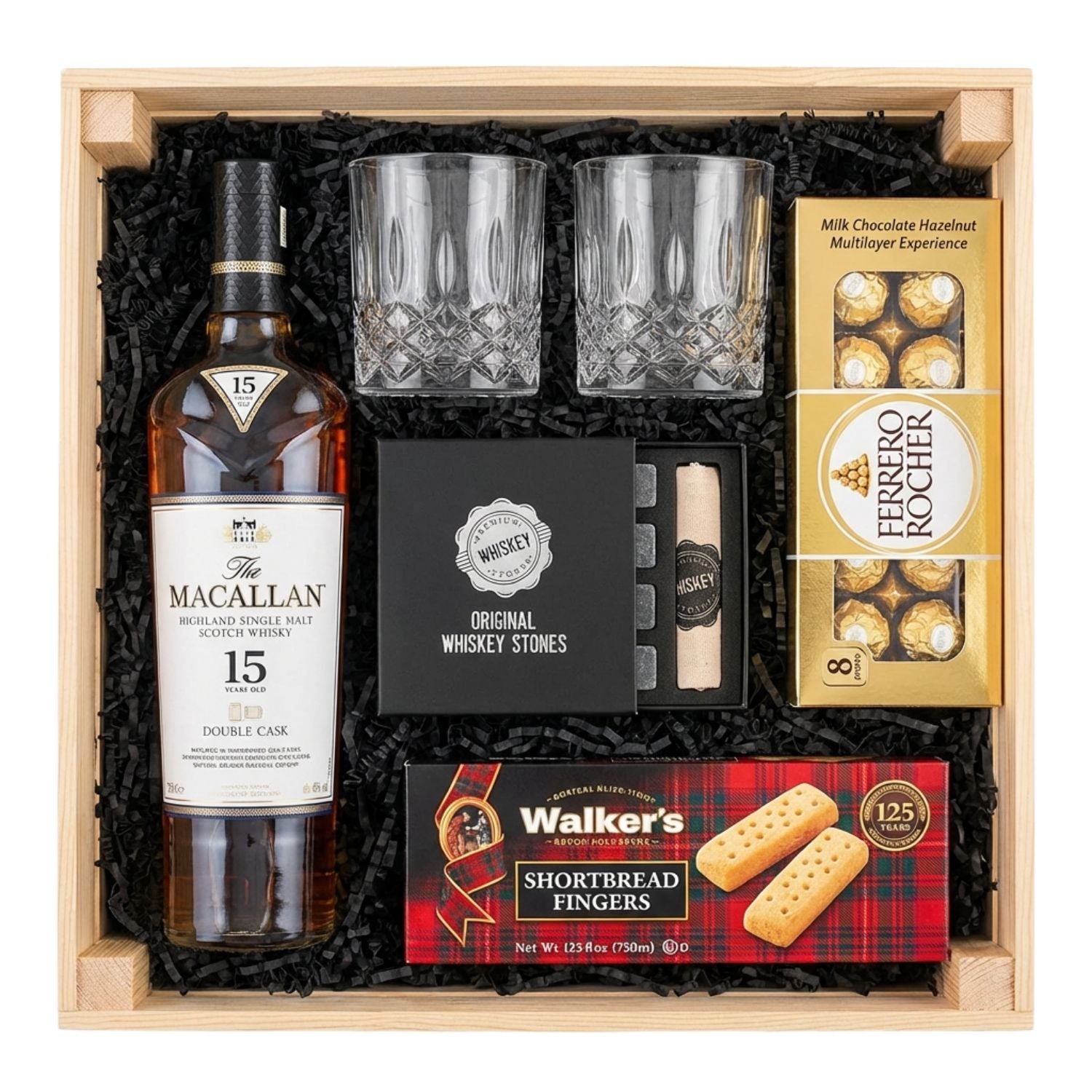 The Macallan 15 Year Old Double Cask Single Malt Scotch gift crate with crystal-cut old fashioned glasses, premium whiskey stones gift set, Ferrero Rocher chocolates, and Walker&