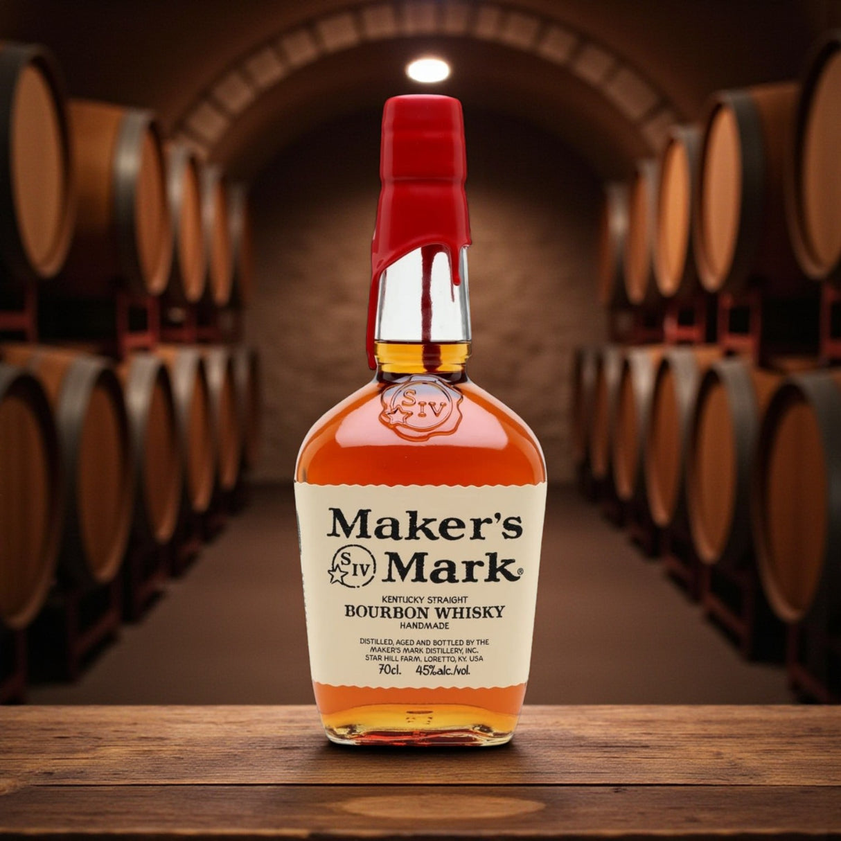 Engravable Maker’s Mark Kentucky Straight Bourbon Whisky bottle with red wax seal in barrel room – Top Bourbon lifestyle image