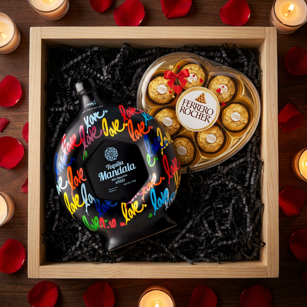 Gift crate with Mándala Love Añejo Tequila bottle featuring colorful love graffiti and heart-shaped Ferrero Rocher chocolate box in black crinkle paper on white background