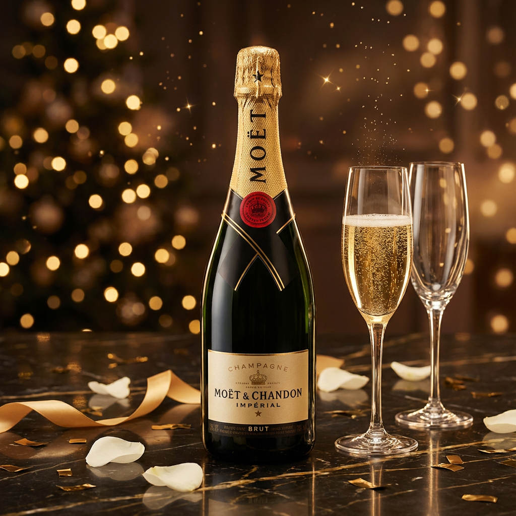 Moët & Chandon Impérial Brut Champagne 750ml bottle with gold foil displayed on dark marble surface with crystal champagne flutes and warm golden bokeh lights in elegant celebratory setting