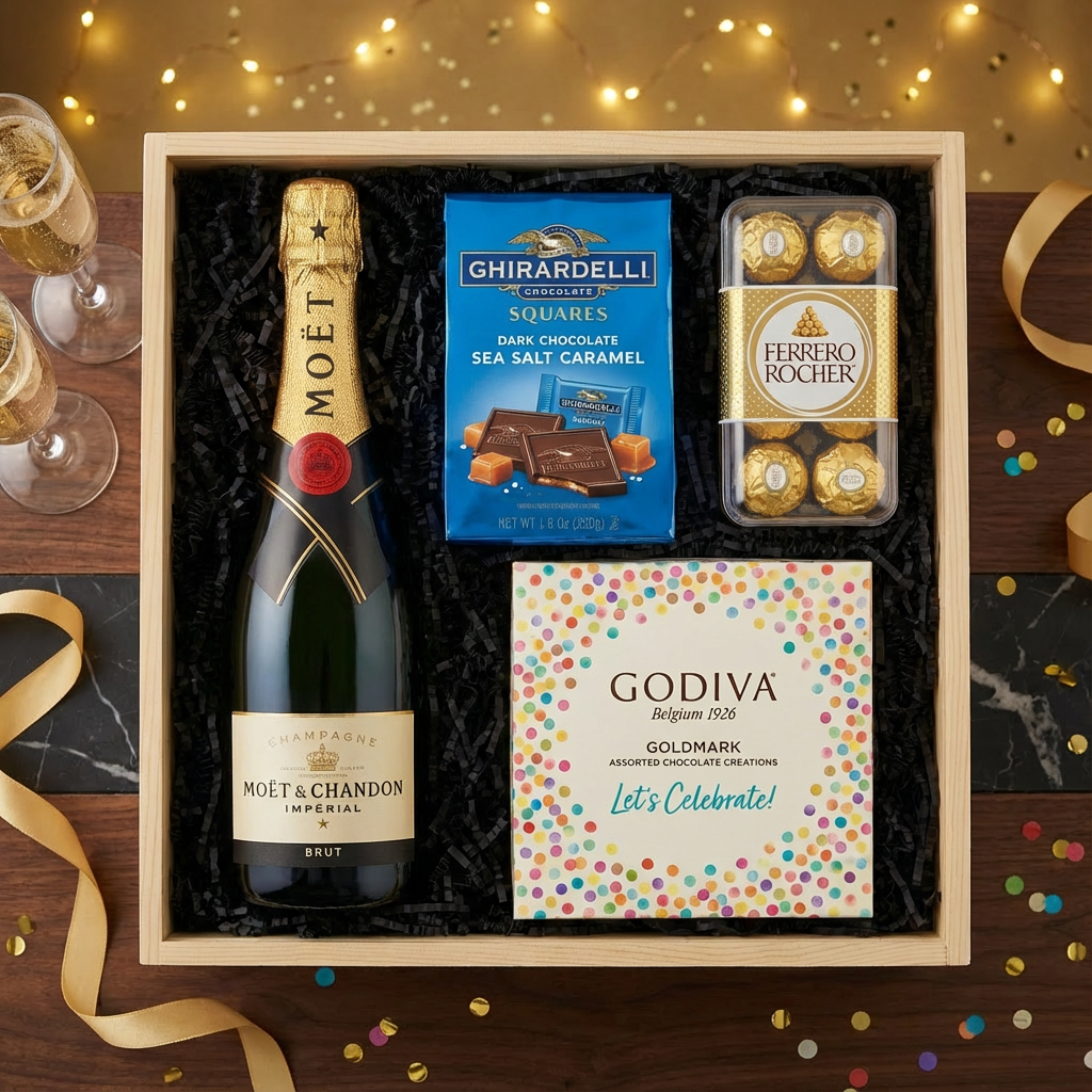 Moët & Chandon Impérial Brut Champagne gift crate with gold foil neck and red wax seal, Ghirardelli Dark Chocolate Sea Salt Caramel squares, Godiva Let&