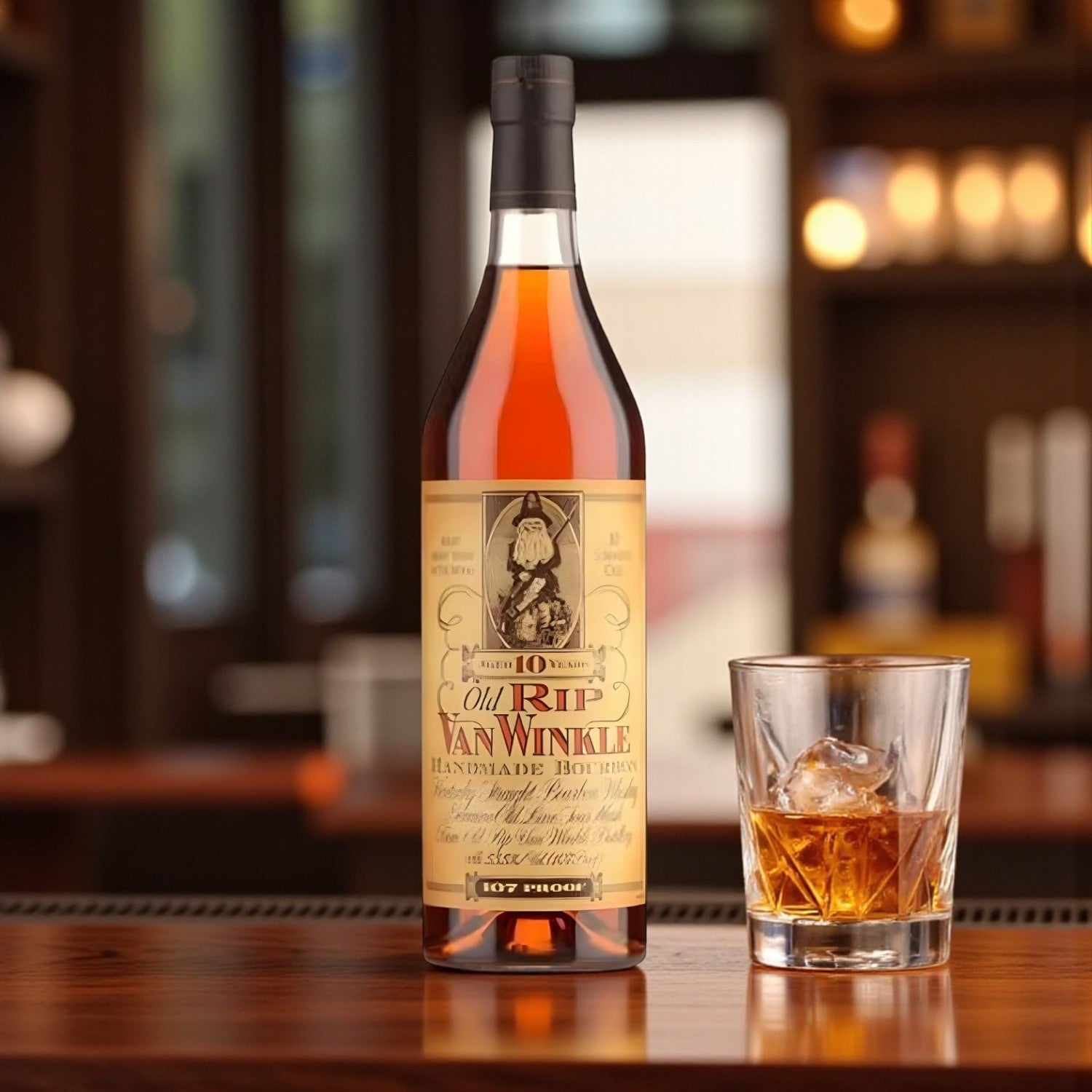 Engravable Old Rip Van Winkle 10 Year Bourbon bottle on polished bar beside glass of bourbon on ice – Top Bourbon lifestyle image
