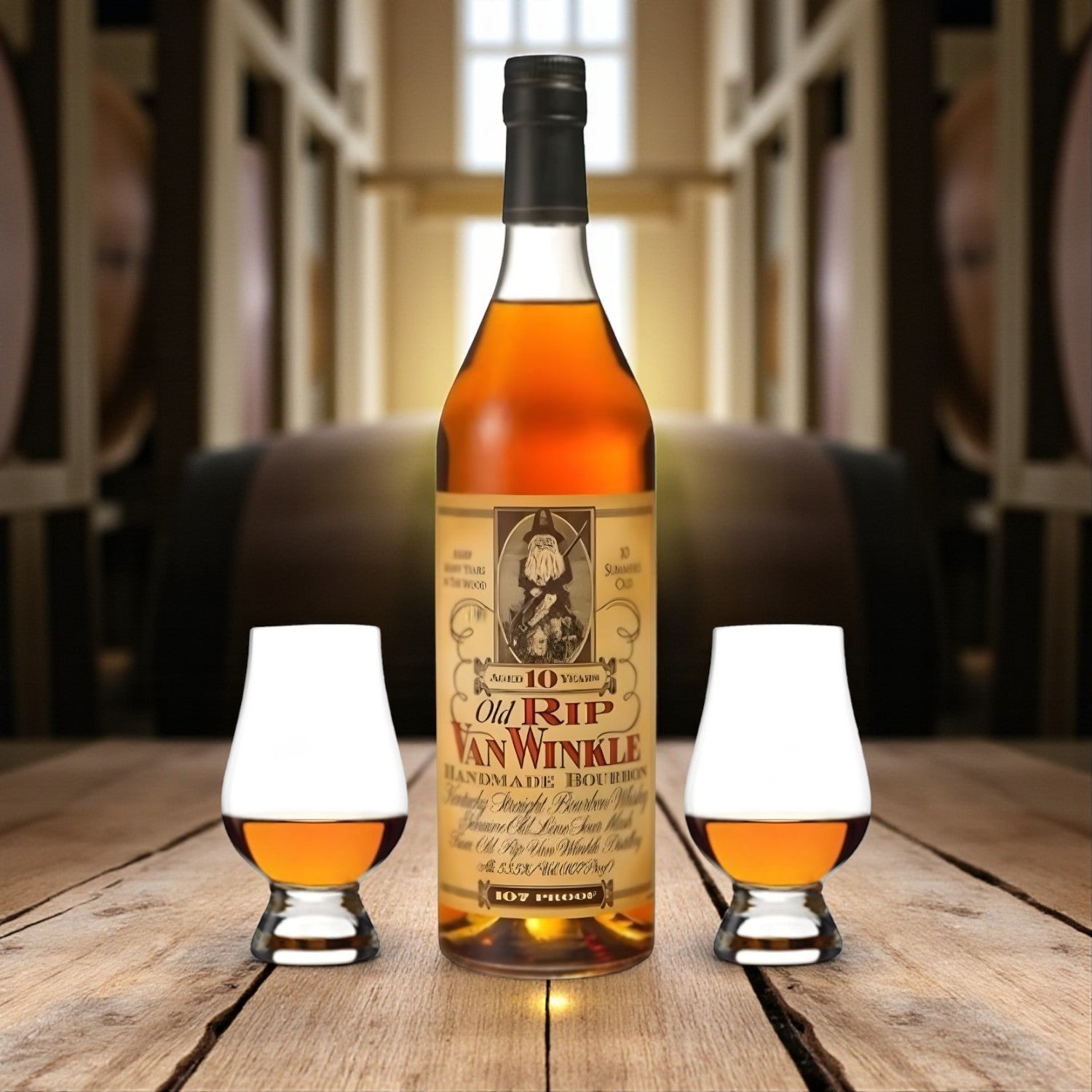 Engravable Old Rip Van Winkle 10 Year Bourbon Gift Set with two Glencairn glasses on rustic wooden table with bourbon barrels – Top Bourbon lifestyle image