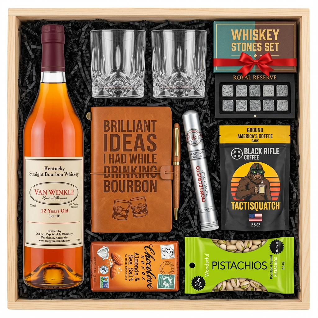 Pappy Van Winkle 12 Year Lot B Top Shelf gift crate with burgundy cap bottle, crystal-cut old fashioned glasses, Royal Reserve whiskey stones set with tray, faux-leather bourbon journal and pen set, Montecristo Platinum cigar tube, Black Rifle Coffee Tactisquatch blend, Chocolove Almonds & Sea Salt dark chocolate bar, and Wonderful Pistachios all nestled in black zigzag crinkle paper inside wooden crate on white background