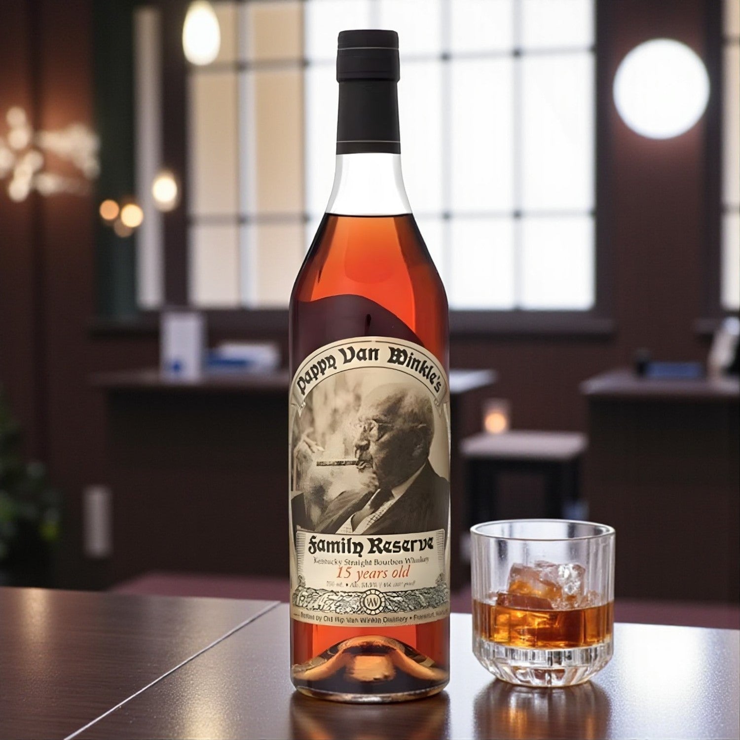 Engravable Pappy Van Winkle Family Reserve 15 Year Bourbon bottle on wooden table beside glass of bourbon on ice – Top Bourbon lifestyle image