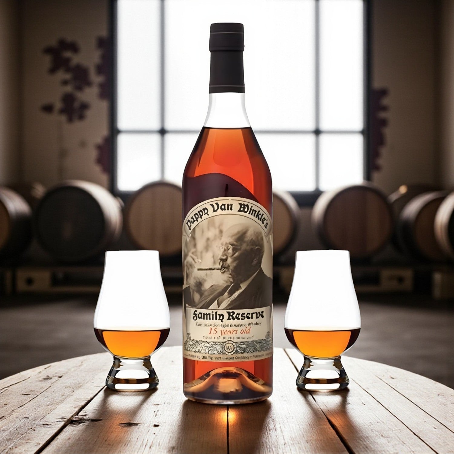Engravable Pappy Van Winkle Family Reserve 15 Year Bourbon Gift Set with two Glencairn glasses on wooden barrel table – Top Bourbon lifestyle image