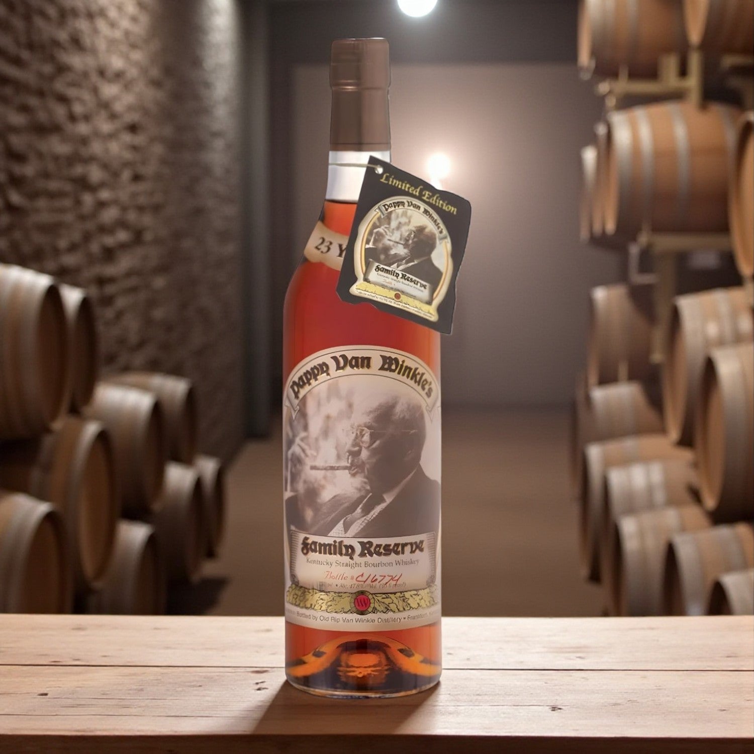 Engravable Pappy Van Winkle Family Reserve 23 Year Bourbon bottle with Limited Edition tag on wooden table surrounded by barrels – Top Bourbon lifestyle image