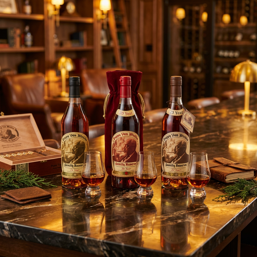Pappy Van Winkle "Top Shelf Trio" Collection featuring Family Reserve 15 Year, 20 Year with red velvet bag, and 23 Year Limited Edition Kentucky Straight Bourbon Whiskey bottles displayed in an upscale whiskey lounge setting with crystal glassware – 750ml collector&
