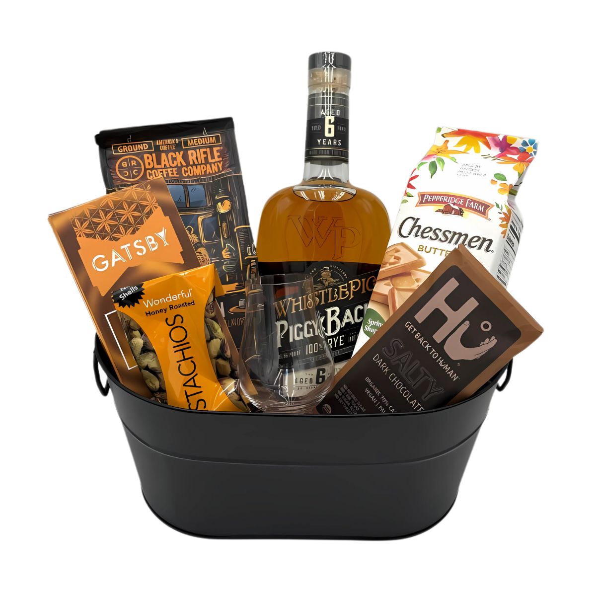 PiggyBack Gift Basket – Black Rifle Coffee, Artisan Chocolates, Pistachios & Glencairn Glass