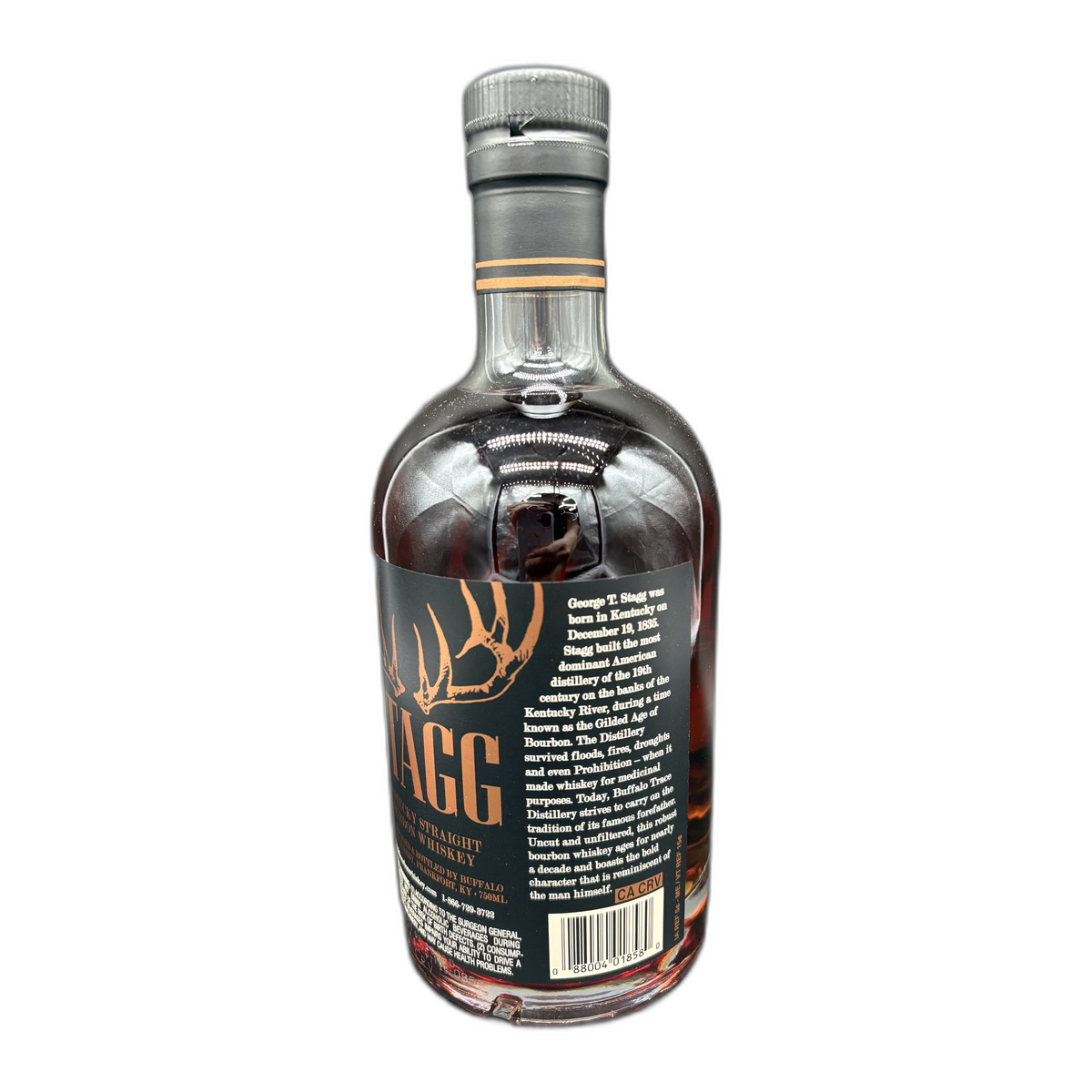 Back label of Stagg Batch 25D uncut bourbon, 750ml, showing Buffalo Trace details and 64.6% ABV.