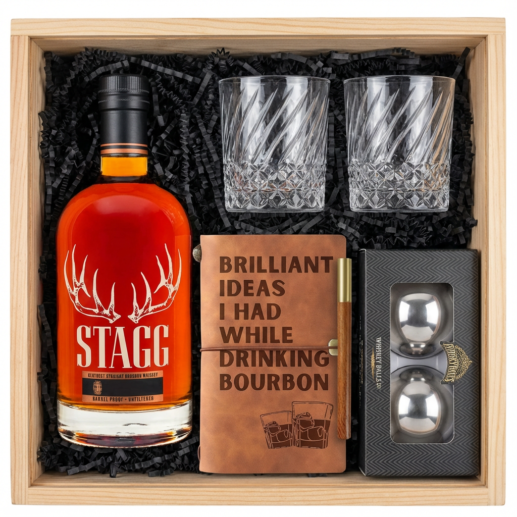 Stagg Kentucky Straight Bourbon Whiskey barrel proof gift crate with antler logo bottle, twisted crystal-cut old fashioned glasses, tan leather bourbon journal and pen set, and Stanley&