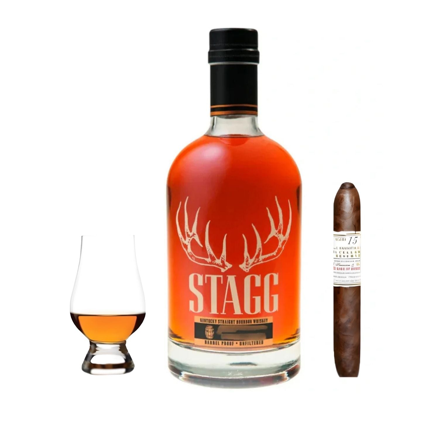 Stagg Batch Kentucky Straight Bourbon Whiskey 750ml bottle with premium Gurkha cigar and Glencairn whisky glass, bourbon gift set from Buffalo Trace Distillery
